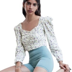 Women’s Zara Floral Puff-Sleeve Cropped Blouse SZ XL